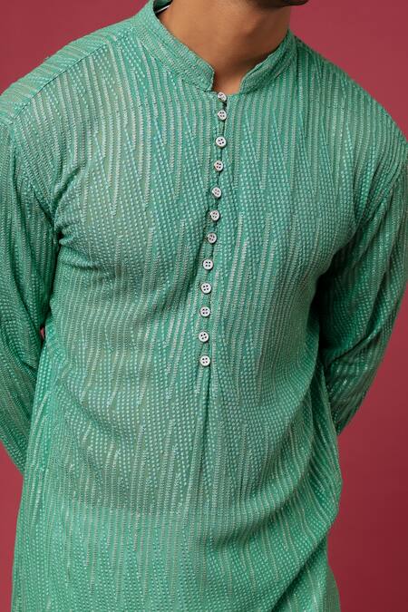 Buy_Spring Break_Green Polyester Cotton Sequins Cuff Sleeved Embroidered Kurta Set _Online_at_Aza_Fashions