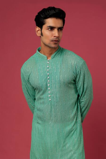Spring Break_Green Polyester Cotton Sequins Cuff Sleeved Embroidered Kurta Set _Online_at_Aza_Fashions
