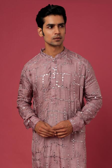 SPRING BREAK_Purple Polyester Cotton Mirror Embroidered Kurta Set _Online_at_Aza_Fashions
