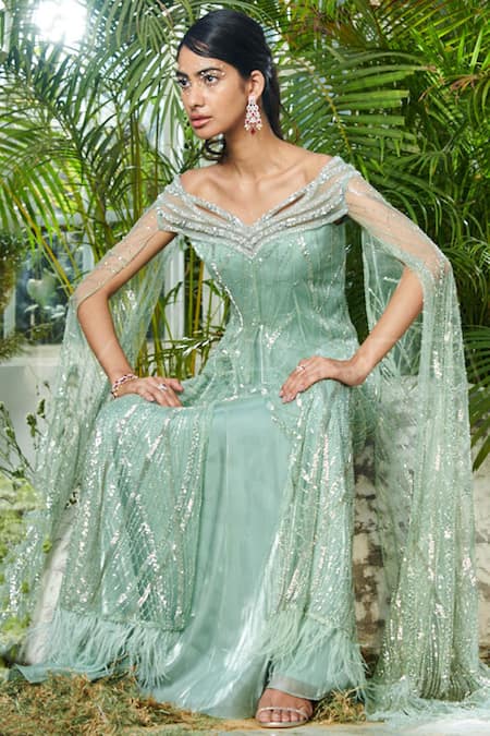 Kamaali Couture_Blue Organza Cutdana Work, Pearl, Feathers V Neck Draped Embellished Gown_Online_at_Aza_Fashions