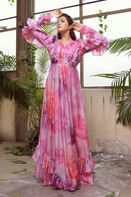 Suruchi Parakh Pink Habutai Silk Ruffle Gown