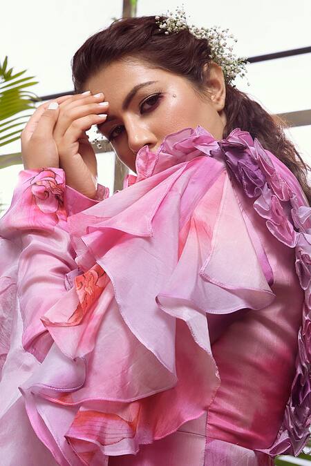 Suruchi Parakh_Pink Habutai Silk Ruffle Gown_Online_at_Aza_Fashions