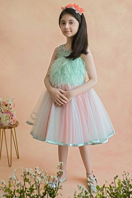 Shop PA:Paa Green Tulle Embroidery Sequin Feather Dress at Aza Fashions Shop_PA:Paa_Green Tulle Embroidery Sequin Feather Dress_at_Aza_Fashions