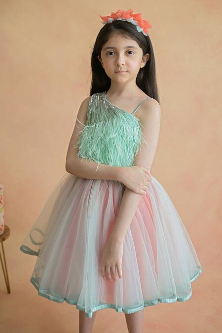 PA:Paa Green Tulle Embroidery Sequin Feather Dress Online at Aza Fashions PA:Paa_Green Tulle Embroidery Sequin Feather Dress_Online_at_Aza_Fashions