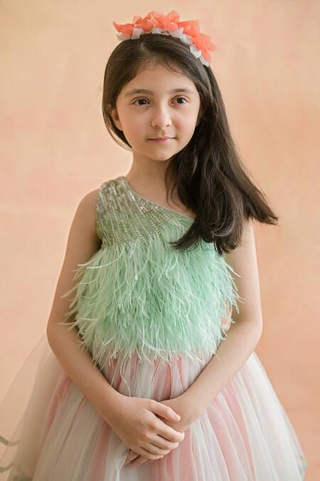Buy PA:Paa Green Tulle Embroidery Sequin Feather Dress Online at Aza Fashions Buy_PA:Paa_Green Tulle Embroidery Sequin Feather Dress_Online_at_Aza_Fashions