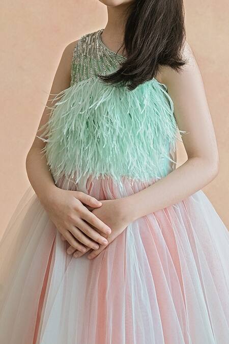 Shop PA:Paa Green Tulle Embroidery Sequin Feather Dress Online at Aza Fashions Shop_PA:Paa_Green Tulle Embroidery Sequin Feather Dress_Online_at_Aza_Fashions