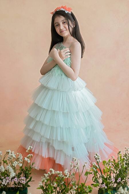 PA:Paa_Green Tulle, Satin Feathers, Sequins Embroidered Gown_Online_at_Aza_Fashions