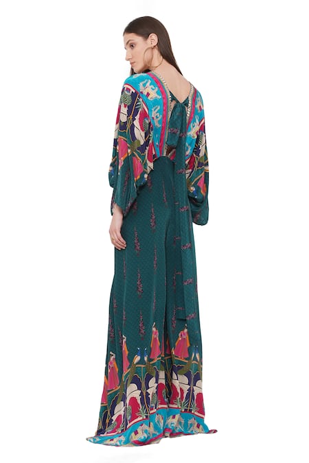 Shop Limerick By Abirr N' Nanki Green Crepe Floral, Moroccan Deep V Neck Spruce Printed Jumpsuit at Aza Fashions Shop_Limerick By Abirr N' Nanki_Green Crepe Floral, Moroccan Deep V Neck Spruce Printed Jumpsuit_at_Aza_Fashions