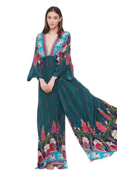 Limerick By Abirr N' Nanki Green Crepe Floral, Moroccan Deep V Neck Spruce Printed Jumpsuit Online at Aza Fashions Limerick By Abirr N' Nanki_Green Crepe Floral, Moroccan Deep V Neck Spruce Printed Jumpsuit_Online_at_Aza_Fashions
