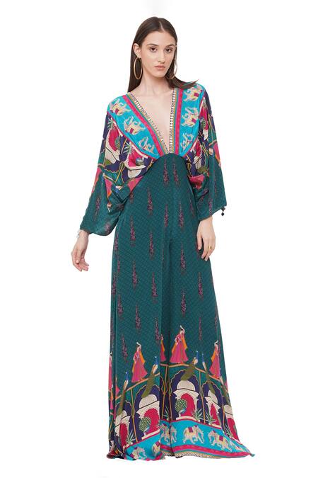 Buy Limerick By Abirr N' Nanki Green Crepe Floral, Moroccan Deep V Neck Spruce Printed Jumpsuit Online at Aza Fashions Buy_Limerick By Abirr N' Nanki_Green Crepe Floral, Moroccan Deep V Neck Spruce Printed Jumpsuit_Online_at_Aza_Fashions