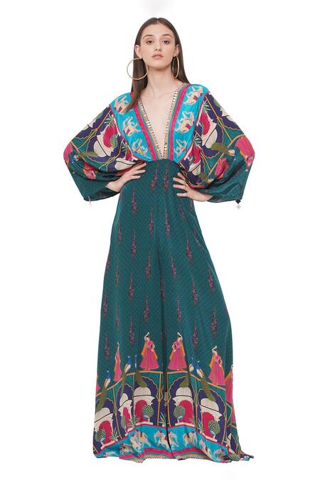 Shop Limerick By Abirr N' Nanki Green Crepe Floral, Moroccan Deep V Neck Spruce Printed Jumpsuit Online at Aza Fashions Shop_Limerick By Abirr N' Nanki_Green Crepe Floral, Moroccan Deep V Neck Spruce Printed Jumpsuit_Online_at_Aza_Fashions