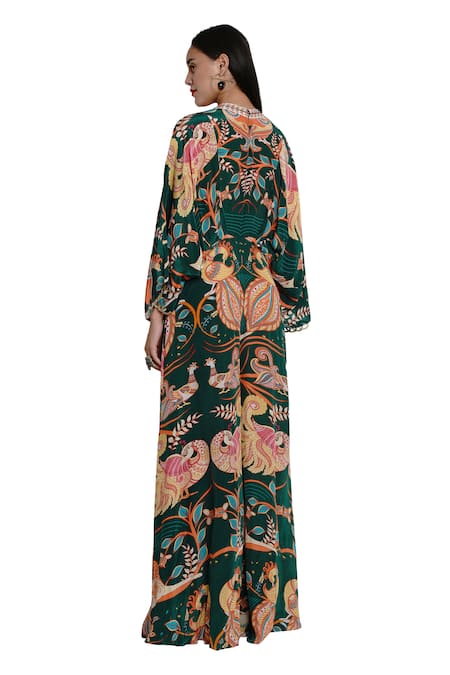 Shop Limerick By Abirr N' Nanki Green Crepe V Neck Printed Flared Jumpsuit at Aza Fashions Shop_Limerick By Abirr N' Nanki_Green Crepe V Neck Printed Flared Jumpsuit _at_Aza_Fashions