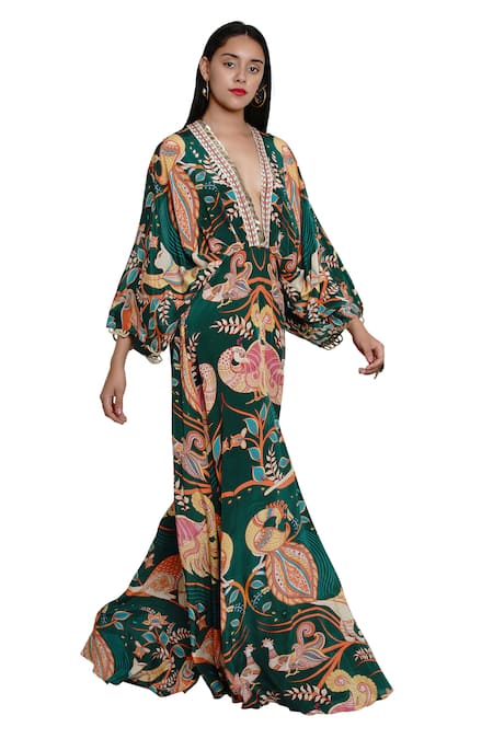 Limerick By Abirr N' Nanki Green Crepe V Neck Printed Flared Jumpsuit Online at Aza Fashions Limerick By Abirr N' Nanki_Green Crepe V Neck Printed Flared Jumpsuit _Online_at_Aza_Fashions