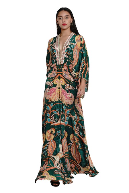 Buy Limerick By Abirr N' Nanki Green Crepe V Neck Printed Flared Jumpsuit Online at Aza Fashions Buy_Limerick By Abirr N' Nanki_Green Crepe V Neck Printed Flared Jumpsuit _Online_at_Aza_Fashions
