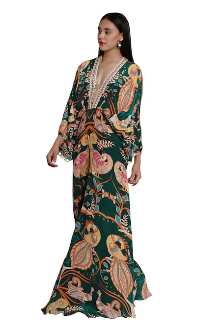 Shop Limerick By Abirr N' Nanki Green Crepe V Neck Printed Flared Jumpsuit Online at Aza Fashions Shop_Limerick By Abirr N' Nanki_Green Crepe V Neck Printed Flared Jumpsuit _Online_at_Aza_Fashions