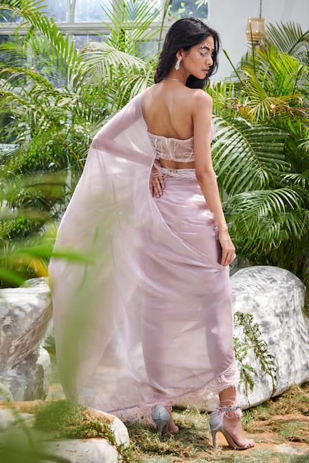 Shop_Kamaali Couture_Pink Organza Embellished Feathers Pre-draped Saree With Corset  _at_Aza_Fashions