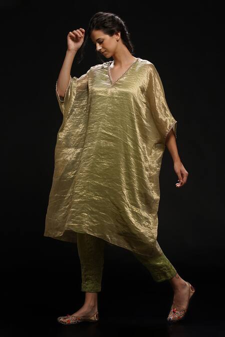 ADITYA SIKAND Green 40 % Cotton Plain V Neck Kaftan Tunic And Pant Set 