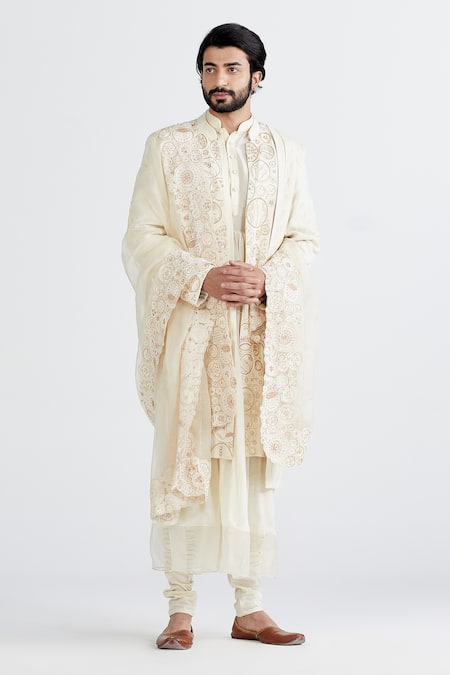 Megha Bansal_White Lycra, Matka , Organza, Badaami Akal Vrit Sherwani Set _Online_at_Aza_Fashions