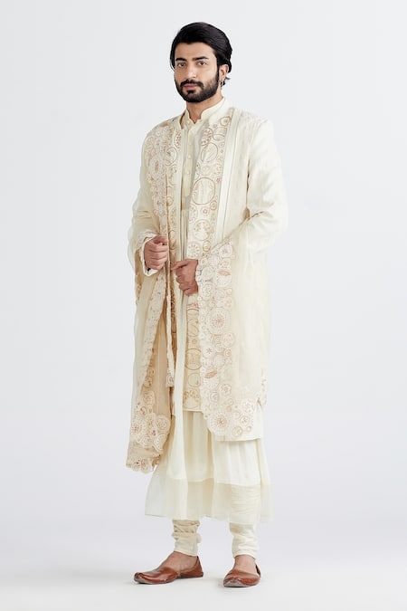 Buy_Megha Bansal_White Lycra, Matka , Organza, Badaami Akal Vrit Sherwani Set _Online_at_Aza_Fashions