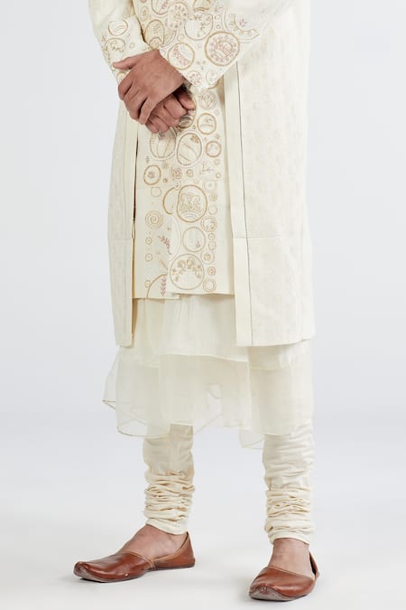 Shop_Megha Bansal_White Lycra, Matka , Organza, Badaami Akal Vrit Sherwani Set _Online_at_Aza_Fashions