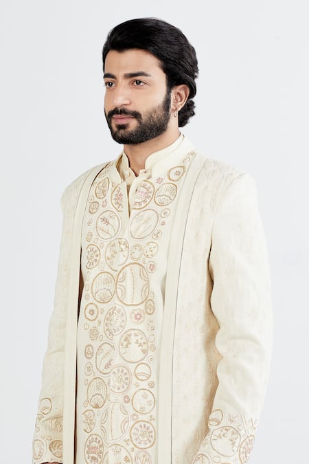 Megha Bansal_White Lycra, Matka , Organza, Badaami Akal Vrit Sherwani Set _at_Aza_Fashions