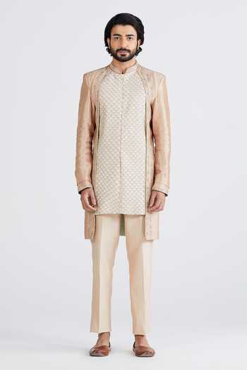 Megha Bansal_White Dupion , Chanderi Geometric Ajaib Gulabi Sherwani Set _Online_at_Aza_Fashions