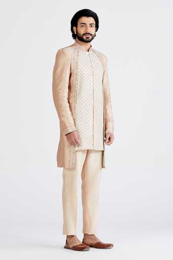 Buy_Megha Bansal_White Dupion , Chanderi Geometric Ajaib Gulabi Sherwani Set _Online_at_Aza_Fashions