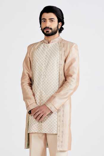 Shop_Megha Bansal_White Dupion , Chanderi Geometric Ajaib Gulabi Sherwani Set _Online_at_Aza_Fashions