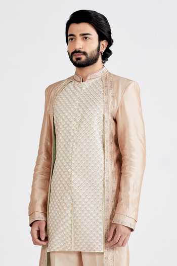 Megha Bansal_White Dupion , Chanderi Geometric Ajaib Gulabi Sherwani Set _at_Aza_Fashions