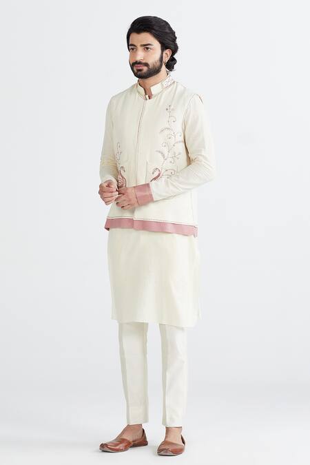 Shop Megha Bansal Beige Matka , Handloom Cotton, Chanderi Hans Bundi And Kurta Set Online at Aza Fashions Shop_Megha Bansal_Beige Matka , Handloom Cotton, Chanderi Hans Bundi And Kurta Set _Online_at_Aza_Fashions