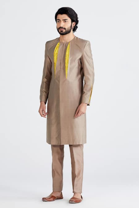 Megha Bansal Grey Cotton , Chanderi Floral Agam Sherwani Set