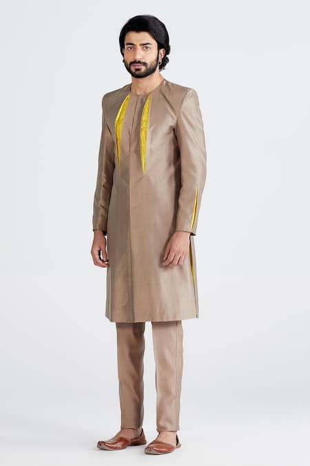 Megha Bansal_Grey Cotton , Chanderi Floral Agam Sherwani Set _Online_at_Aza_Fashions