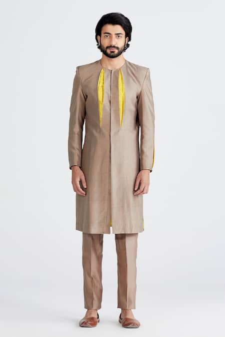 Buy_Megha Bansal_Grey Cotton , Chanderi Floral Agam Sherwani Set _Online_at_Aza_Fashions