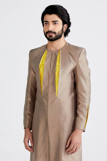 Megha Bansal_Grey Cotton , Chanderi Floral Agam Sherwani Set _at_Aza_Fashions