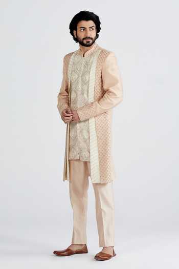 Megha Bansal_White Habutai , Chanderi Floral Gulabi Amar Sherwani Set _Online_at_Aza_Fashions