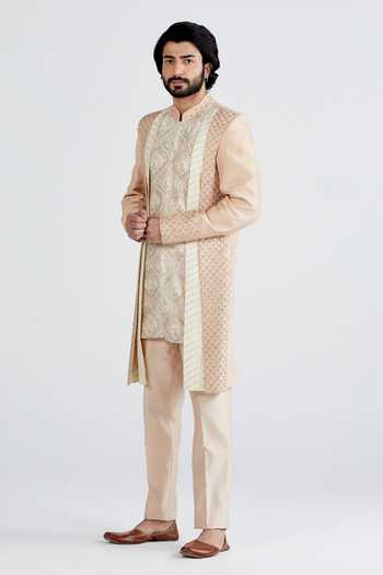 Buy_Megha Bansal_White Habutai , Chanderi Floral Gulabi Amar Sherwani Set _Online_at_Aza_Fashions
