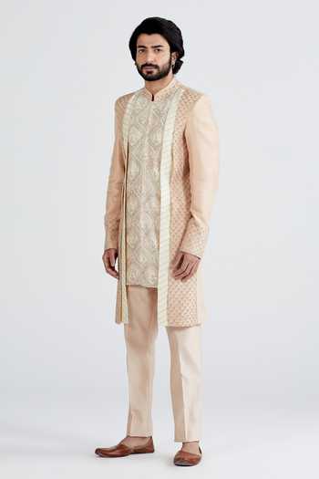 Shop_Megha Bansal_White Habutai , Chanderi Floral Gulabi Amar Sherwani Set _Online_at_Aza_Fashions