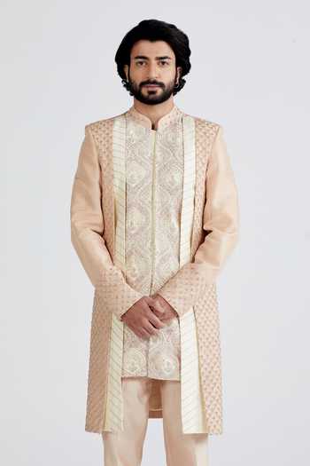Megha Bansal_White Habutai , Chanderi Floral Gulabi Amar Sherwani Set _at_Aza_Fashions