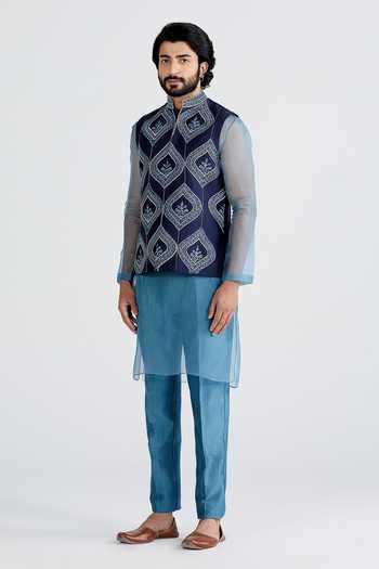 Megha Bansal_Blue Organza, Chanderi Floral Ashar Bundi And Kurta Set _Online_at_Aza_Fashions