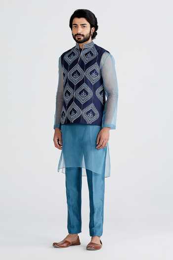 Buy_Megha Bansal_Blue Organza, Chanderi Floral Ashar Bundi And Kurta Set _Online_at_Aza_Fashions