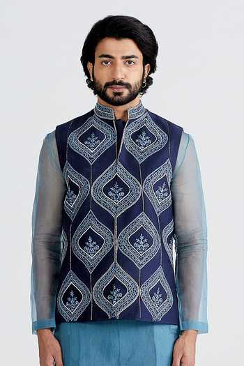 Shop_Megha Bansal_Blue Organza, Chanderi Floral Ashar Bundi And Kurta Set _Online_at_Aza_Fashions