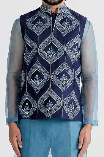 Megha Bansal_Blue Organza, Chanderi Floral Ashar Bundi And Kurta Set _at_Aza_Fashions