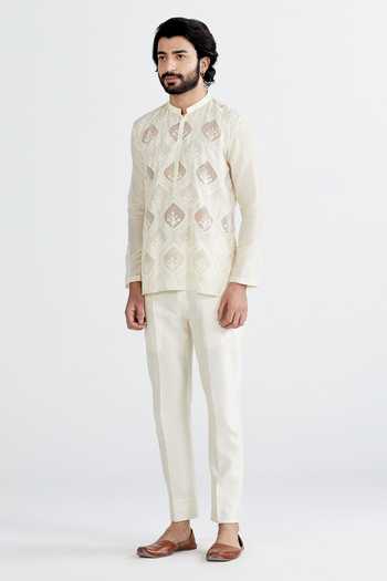 Buy_Megha Bansal_White Silk Chanderi Floral Shabnam Kurta Set _Online_at_Aza_Fashions