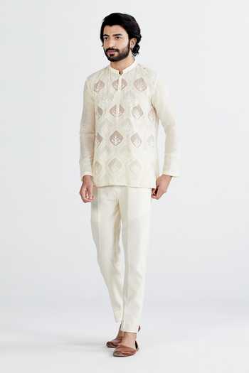 Shop_Megha Bansal_White Silk Chanderi Floral Shabnam Kurta Set _Online_at_Aza_Fashions