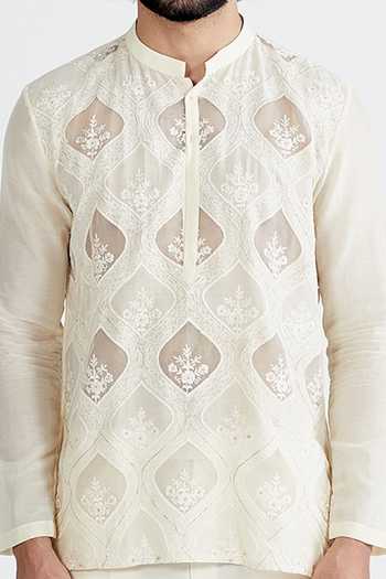 Megha Bansal_White Silk Chanderi Floral Shabnam Kurta Set _at_Aza_Fashions