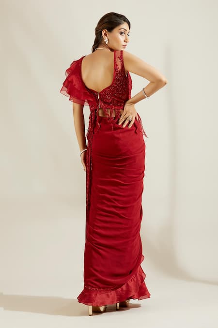 Shop_Adaara Couture_Red Raw Silk V Neck Embellished Saree Gown _at_Aza_Fashions
