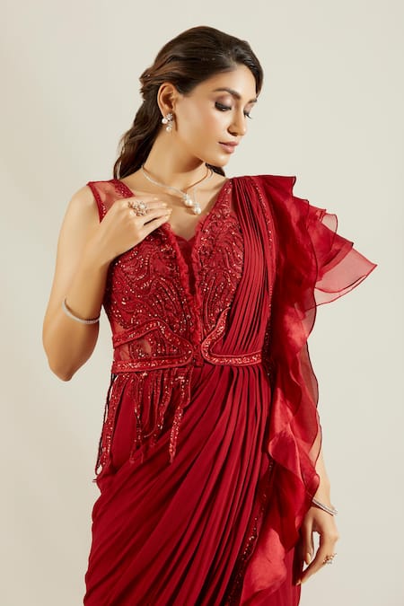 Shop_Adaara Couture_Red Raw Silk V Neck Embellished Saree Gown _Online_at_Aza_Fashions