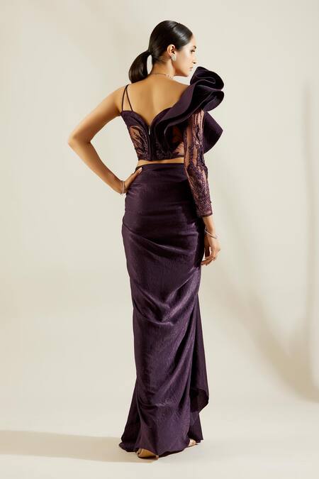 Shop Adaara Couture Purple Raw Silk, Sandwash Fabric Asymmetric Embellished One Shoulder Saree Gown at Aza Fashions Shop_Adaara Couture_Purple Raw Silk, Sandwash Fabric Asymmetric Embellished One Shoulder Saree Gown _at_Aza_Fashions