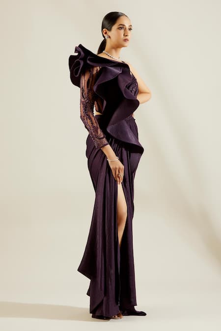 Adaara Couture Purple Raw Silk, Sandwash Fabric Asymmetric Embellished One Shoulder Saree Gown Online at Aza Fashions Adaara Couture_Purple Raw Silk, Sandwash Fabric Asymmetric Embellished One Shoulder Saree Gown _Online_at_Aza_Fashions