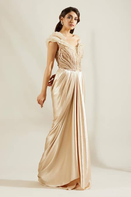 Adaara Couture Beige Net, Sandwash Fabric V Neck Embellished Saree Gown Online at Aza Fashions Adaara Couture_Beige Net, Sandwash Fabric V Neck Embellished Saree Gown _Online_at_Aza_Fashions